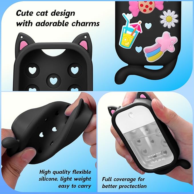 Juome Hand Sanitizer Spray Case for Touchland with Adjustable Keychain Lanyard & Charms, Cat Silicone Protective Holder for Touch Land Mist Case 1FL. OZ, Travel Cover Sleeve Accessory - Black