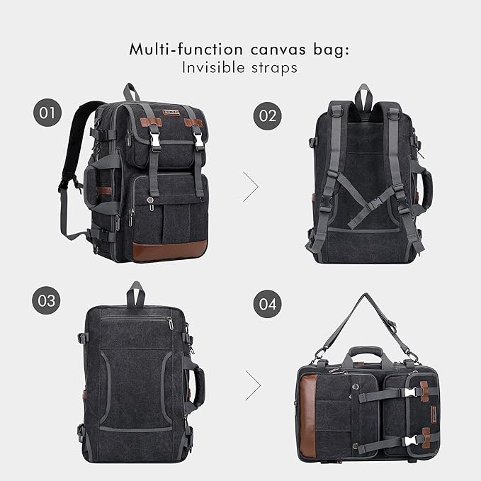 WITZMAN Canvas Travel Backpack for Men Large Laptop Backpack Fit 16 inch Carry-on Airline Approved Convertible Shoulder Rucksack(A6617-3 Black)