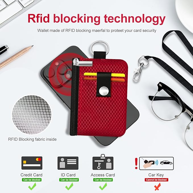 Minimalist RFID Blocking Small Wallet with ID Window,WaterResistant Zip Id Case Wallet with Lanyard Keychain for Cards,Cash,Travel,Women,Men (Red)