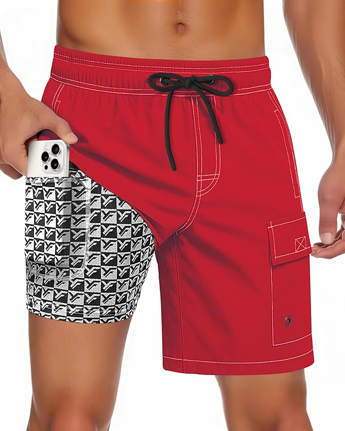 Men Swim Trunks with Compression Liner Quick Dry Breathable Multi Pockets for Summer Beach Cruise Water Park