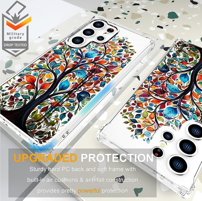 Compatible with Samsung Galaxy S24 Ultra Case Card Holder for Women Cute Design,Wallet Phone Cases Transparent Cool Kawaii Protective (Clear Tree Colorful Leaves)