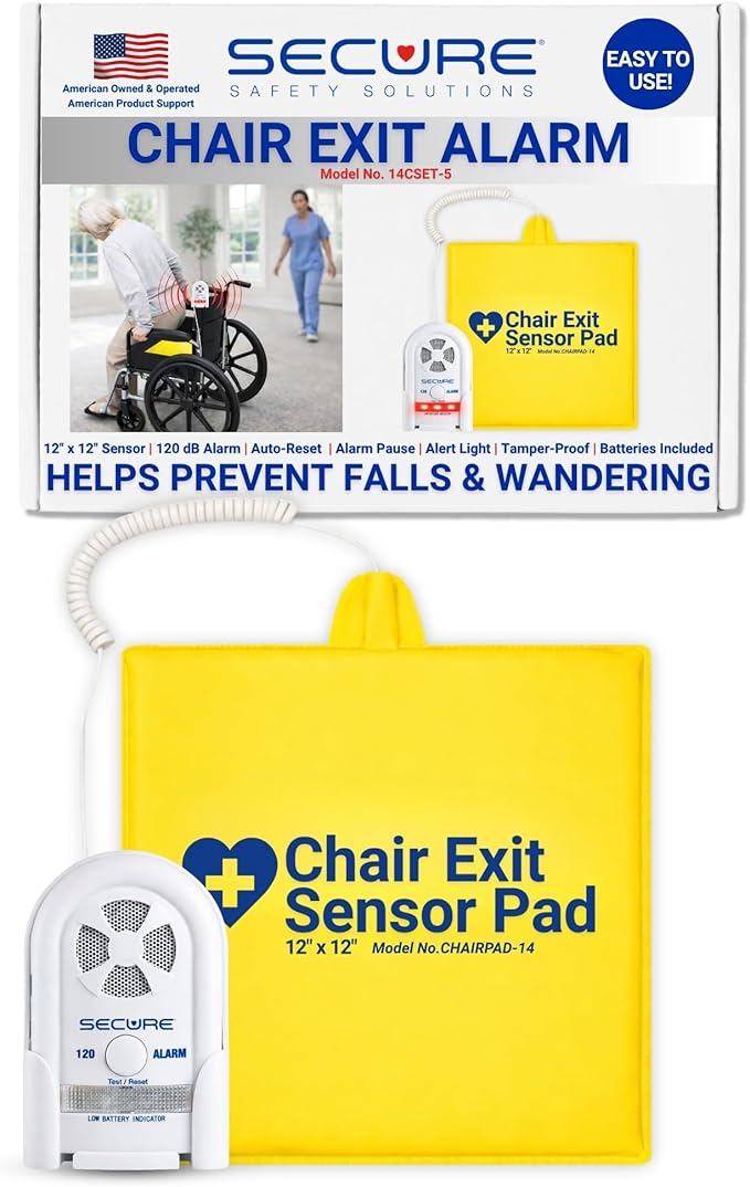 Secure Safety Solutions Chair Alarm for Elderly Dementia Patients Fall Prevention - 12" x 12" Pressure Sensor Pad, 80-120 dB Monitor - Wheelchair Safety Caregiver Alert System for Monitoring Seniors