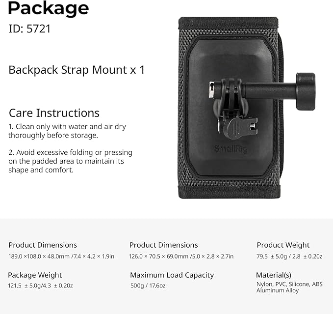 SMALLRIG Backpack Strap Mount for GoPro Hero 13/12/11, for DJI Osmo Nano Action 6/5 Pro/4/Pocket 3, for Insta360 X5/4/3/Ace Pro 2, Hook and Loop Fastener Clip Mount with Ball Head Adapter Base -5721
