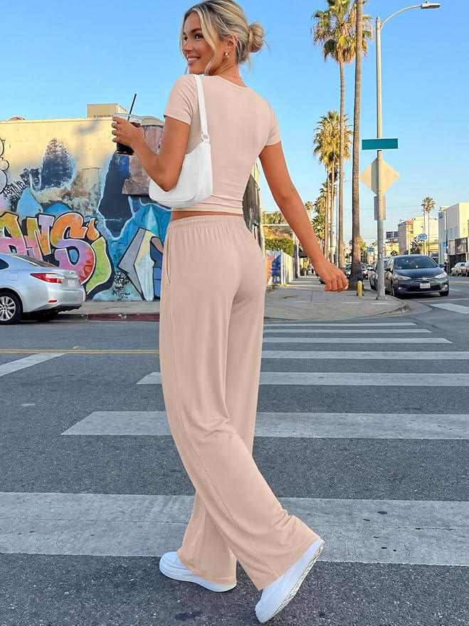Trendy Queen 2 Piece Matching Summer Lounge Set Womens Side Ruching Top Wide Leg Pants Sets with Pockets