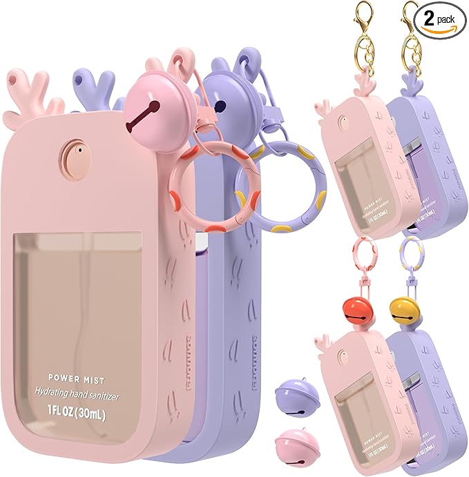 Sonnorel 2 Pack Elk Silicone Case Compatible with Touchland Hand Sanitizer Spray (Fit for 1 FL OZ/30 mL Ver), Portable keychain, Small Bell, Cute Deer Antlers (Pink,Purple)