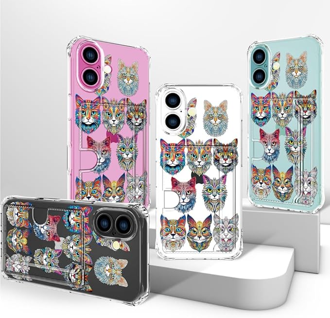 Compatible with iPhone 17 Case Card Holder for Women Cute Design,Wallet Phone Cases Transparent Cool Kawaii Protective (Clear Tattoo Cats Animal)