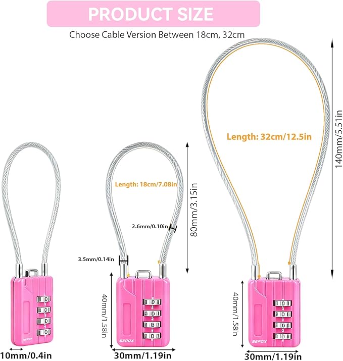 SEPOX® Twins Resettable 4-Digit Combination Padlock, 18cm Compact Vinyl Steel Cable – Multipurpose Lock for Gym Locker, Suitcase, Mini Toolbox – Pink Gym Essentials for Women
