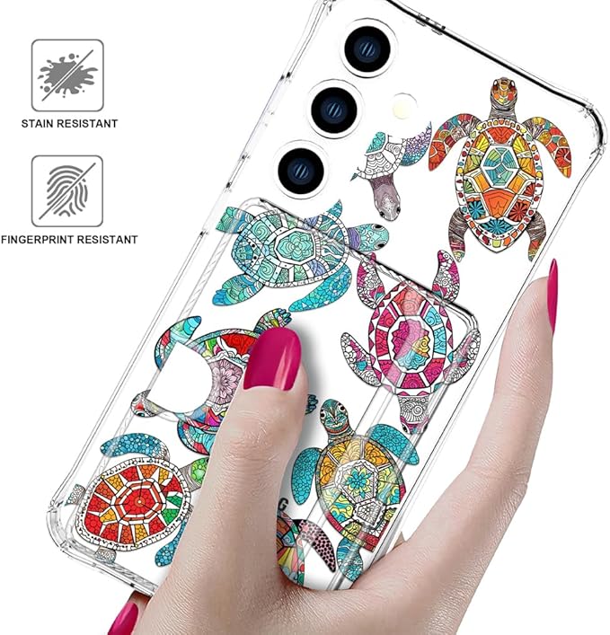 Compatible with Samsung Galaxy S24 / S25 Case Card Holder for Women Cute Design,Wallet Phone Cases Transparent Cool Kawaii Protective (Clear Sea Turtles Animal Tribal)