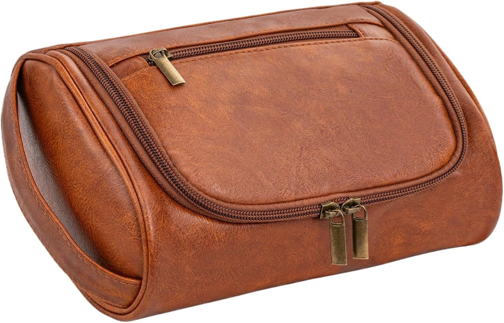 Mens Toiletry Bag, Compact Dopp Kit for Men Travel, PU Leather Shaving Kit, Water-Resistant Minimalist Organizer with Wrist Strap, Travel Toiletry Bag, Gift for Men,Small 9X5.9X3 Inch Brown