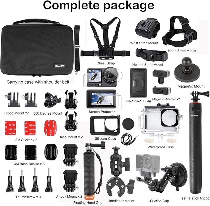 PellKing Accessories Kit for DJI Osmo Action 6,Carrying Case with Belt 135cm Selfie Stick Tripod Waterproof Housing Suction Cup Magnetic Handlebar Mount Qucik Release Clip 4 in 1 Body Mount