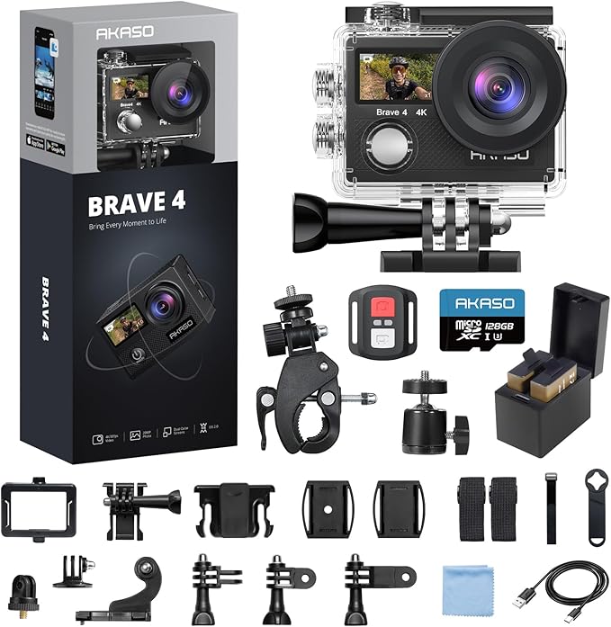 AKASO Brave 4 Action Camera with 128GB MicroSDXC U3 Card 4K30FPS 20MP Ultra HD 131FT Waterproof Underwater Camera EIS WiFi Remote Control 5X Zoom Sport Camera with Motorcycle Bicycle Accessories Kit