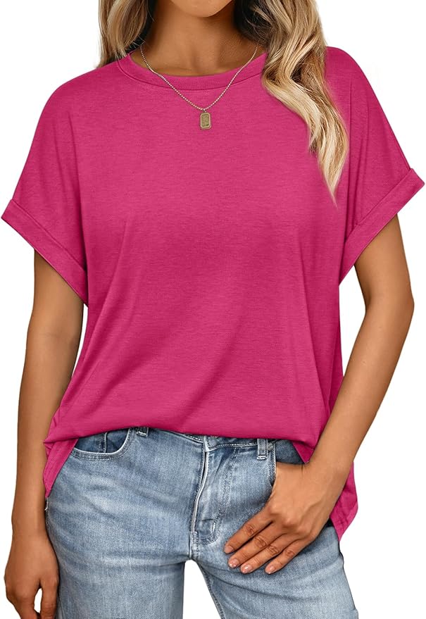 AUTOMET Women's Oversized Short Sleeve T Shirts Casual Drop Shoulder Rolled Cuff Summer Tops for Work, Travel and Lounge