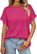 AUTOMET Women's Oversized Short Sleeve T Shirts Casual Drop Shoulder Rolled Cuff Summer Tops for Work, Travel and Lounge