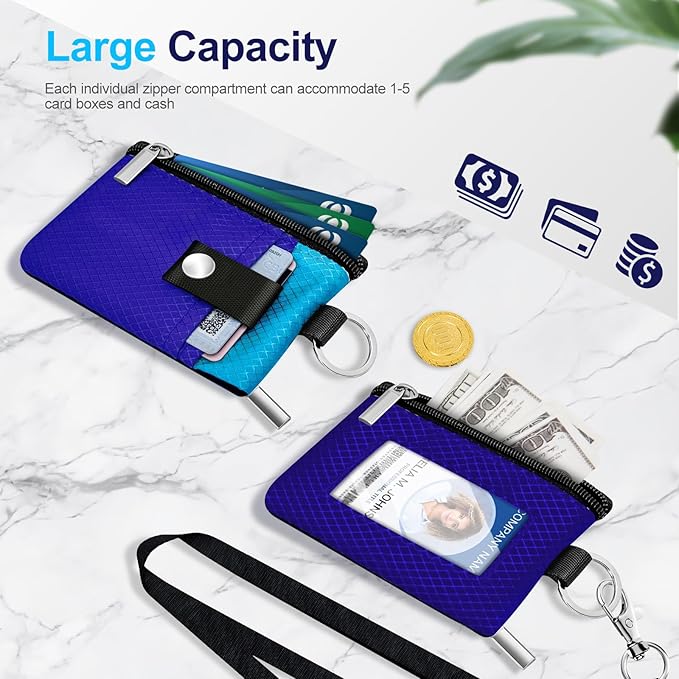 Minimalist RFID Blocking Small Wallet with ID Window,WaterResistant Zip Id Case Wallet with Lanyard Keychain for Cards,Cash,Travel,Women,Men (Sapphire Blue/Lake Blue)