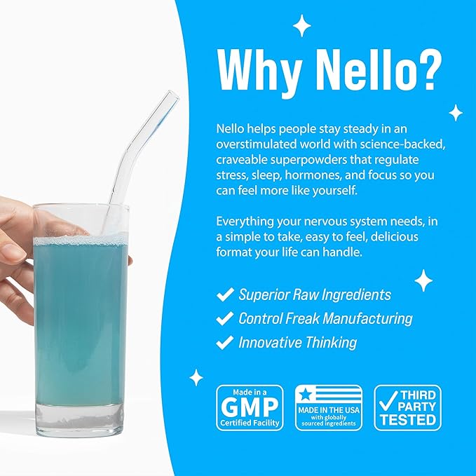 Nello Supercalm Drink Mix with Magnesium Glycinate, KSM 66 Ashwagandha, Vitamin D3 and L Theanine, Calm Powder Supplements for Relaxation Support, No Sugar, Travel Packets, 20 Ct, Blue Coconut