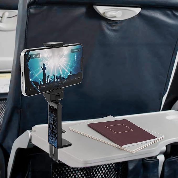 Beyond Cell Travel Accessories, Universal Seat Back Tray Table Hands Free Phone Clip Holder, Adjustable Pocket Size Airplane Travel Essentials Compatible with iPhone and Android Dragon B