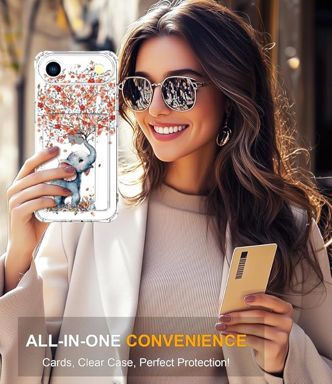 Compatible with iPhone 17 Air Case Card Holder for Women Cute Design,Wallet Phone Cases Transparent Cool Kawaii Protective (Clear Elephant Creating Flowers)