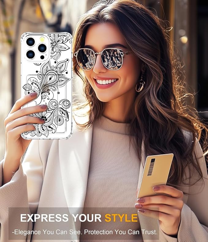 Compatible with iPhone 16 Pro Case Card Holder for Women Cute Design,Wallet Phone Cases Transparent Cool Kawaii Protective (Clear Black Henna Flower)