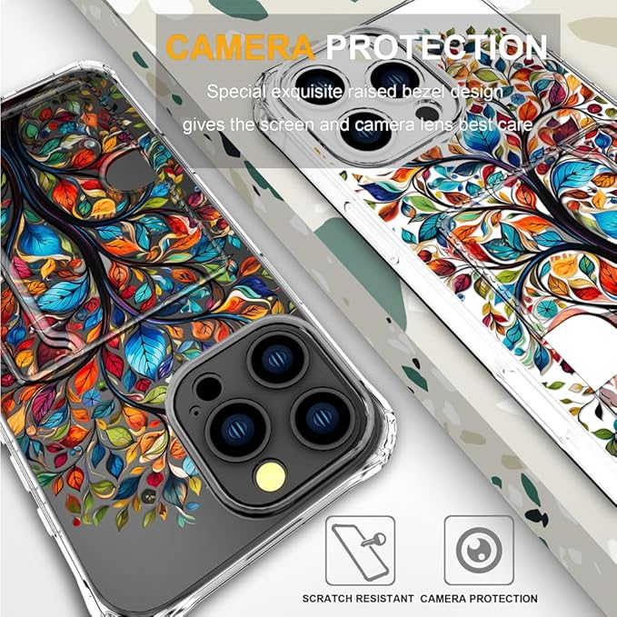 Compatible with iPhone 16 Pro Max Case Card Holder for Women Cute Design,Wallet Phone Cases Transparent Cool Kawaii Protective (Clear Tree Colorful Leaves)