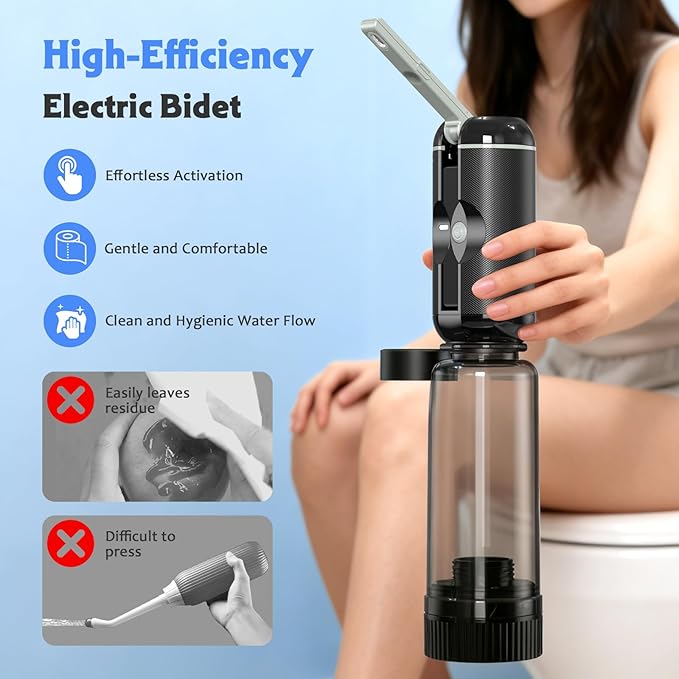 Portable Bidet for Travel, Rechargeable Travel Bidet Sprayer Fits Various Sizes of Water Bottles, Waterproof High Pressure Handheld Bidet for Women Men Personal Hygiene