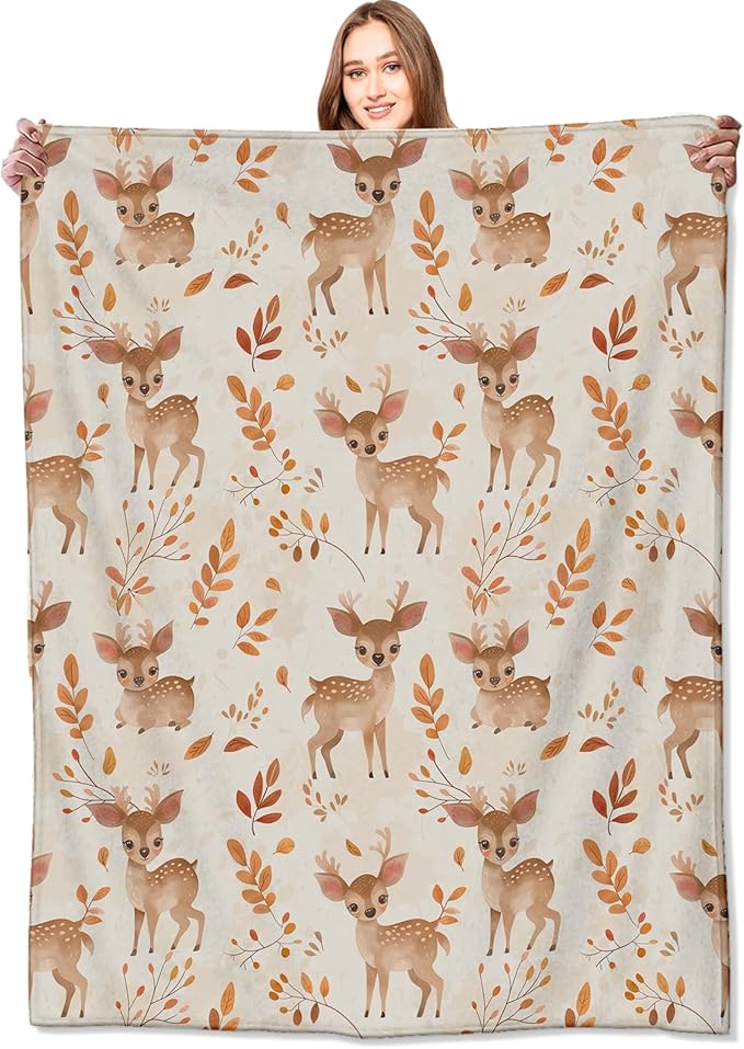 Whimsical Deer Blanket Cute Fawn and Autumn Leaves Throw Blankets Gifts for Kids Girls Lightweight Soft Fleece Cozy for Sofa Couch Bed Room Travel Birthday Decor 60x80in