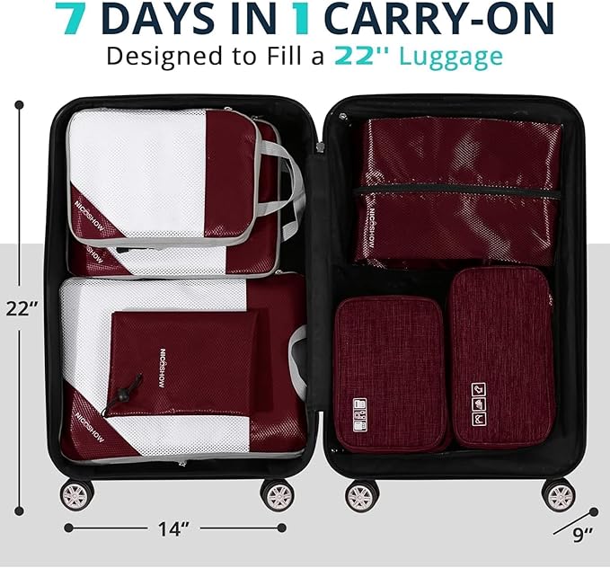 NICOSHOW 7 Set Compression Packing Cubes for Travel - Compressible, Lightweight, and Space-Saving Packing Cubes, Travel Essentials for Women, Wine