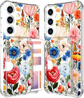 Compatible with Samsung Galaxy S24 / S25 Case Card Holder for Women Cute Design,Wallet Phone Cases Transparent Cool Kawaii Protective (Clear Flower Art Rose Peony)