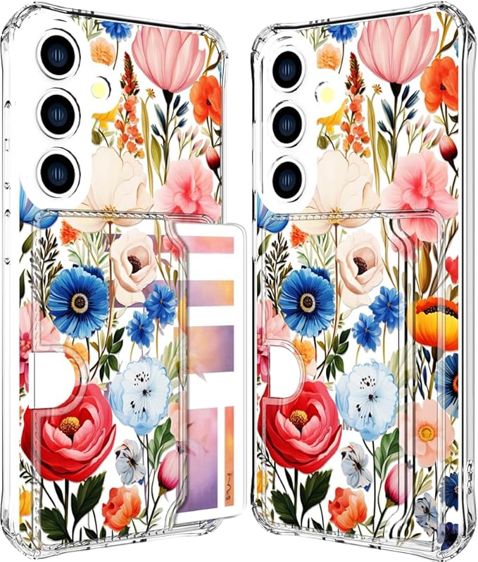 Compatible with Samsung Galaxy S24 / S25 Case Card Holder for Women Cute Design,Wallet Phone Cases Transparent Cool Kawaii Protective (Clear Flower Art Rose Peony)