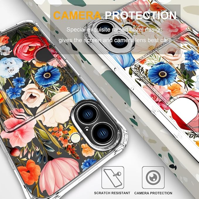 Compatible with iPhone 16 Case Card Holder for Women Cute Design,Wallet Phone Cases Transparent Cool Kawaii Protective (Clear Flower Art Rose Peony)