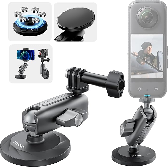 TELESIN 360 Magnetic Mount Magnet Metal Mounts for Go Pro Insta360 X4/X5 Accessory, Quick Release Car Holder Attachment for GoPro Max Hero 13 12 DJI Action 6 5 Pro OSMO 360 Nano Pocket 3 Accessories