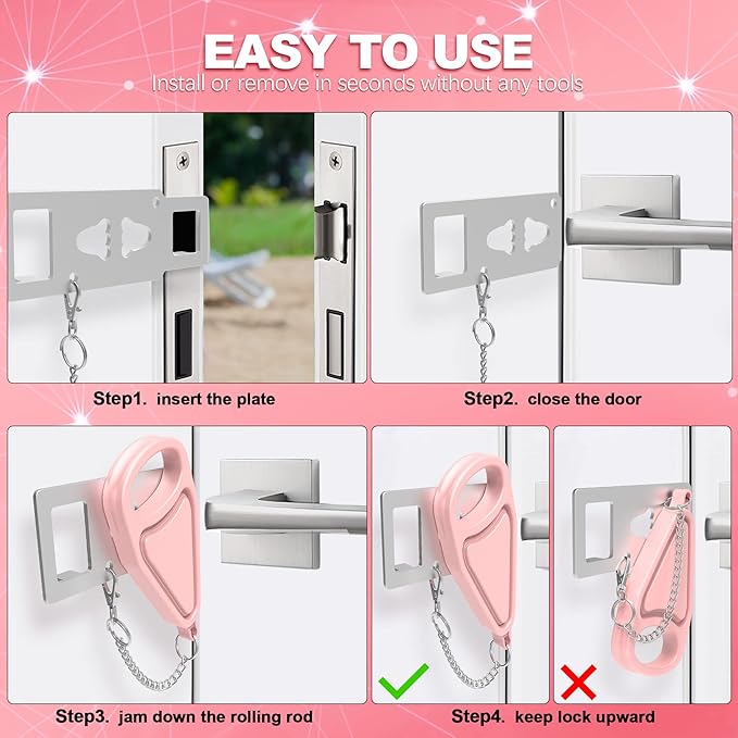 Portable Door Lock for Home Hotel Safety, Door Latch Security Lock for Additional Privacy and Safety in Hotel, Apartment,and College Prevent Unauthorized Enty, Pink 2 Pieces