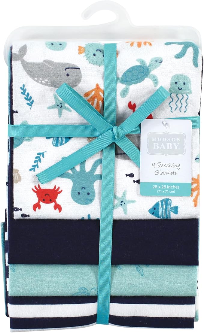 Hudson Baby Unisex Baby Cotton Flannel Receiving Blankets, Sea Characters, One Size
