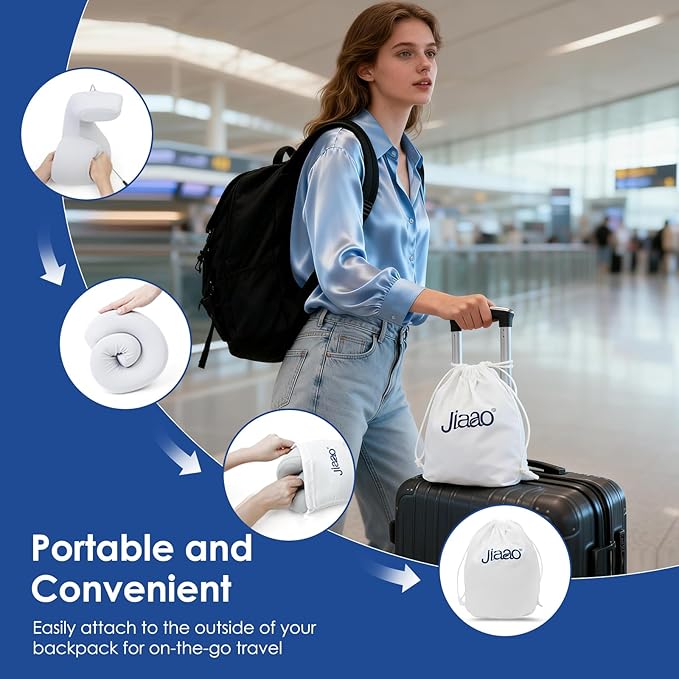 jiaao Travel Pillow Memory Foam Neck Support, Advanced Memory Foam Neck Pillow for Airplanes, Cars & Trains with Eye Mask, Earplugs & Storage Bag