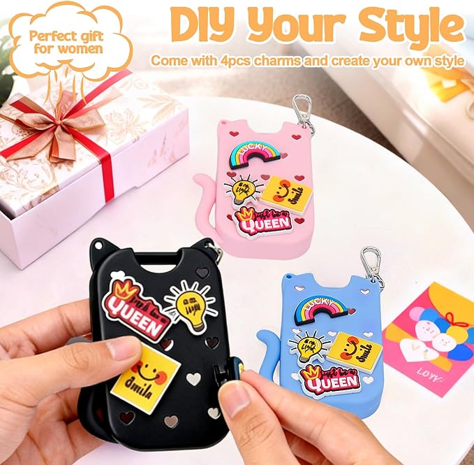 Mity rain Hand Sanitizer Spray Case Compatible With Touchland, Cute Silicone Hand Sanitizer Holder Keychain with 4 Charms, Portable Refillable Sanitizer Accessory, Gift For Women And Teens(Black)