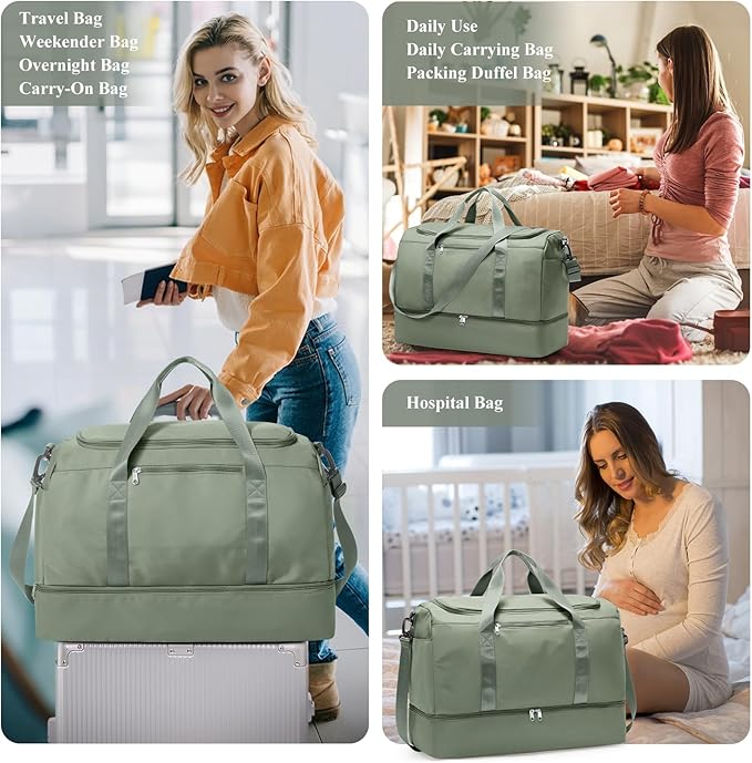 Travel Duffel Bag for Women, Carry-on Overnight Weekender Bags with Wet Pocket, For Spirit Airlines 18x14x8 Personal Item Bag,Small,Olive Green