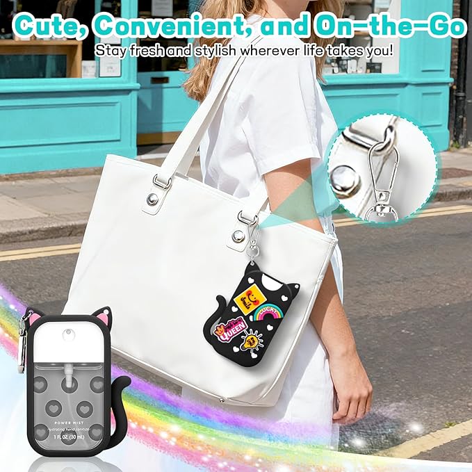 Cat Silicone Case for Touchland Hand Sanitizer Spray with Keychain,Compatible with Power Mist 1FL OZ/30ML,4 Cute Charms Accessory Portable Hand Sanitizer Holder for Touchland(1PCS Black)