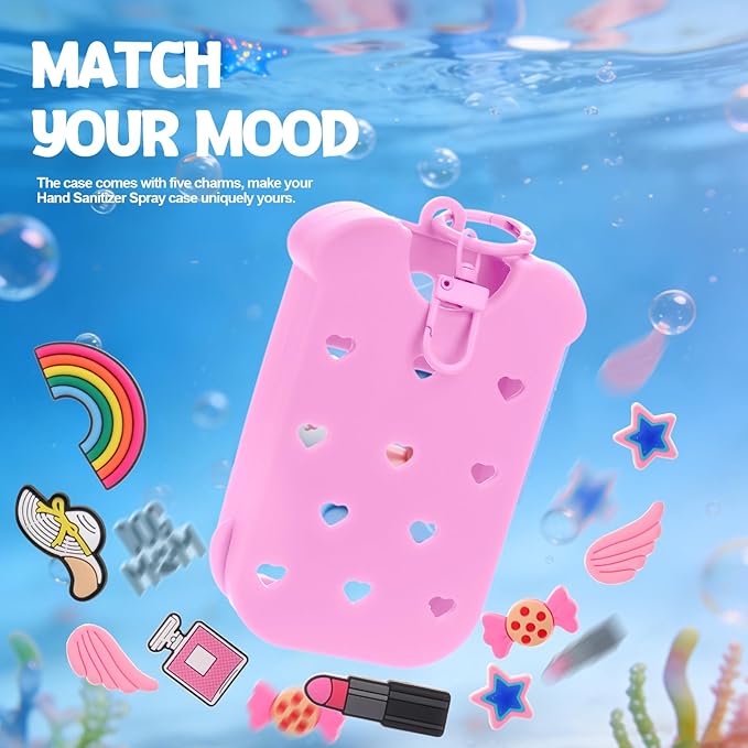 Mity rain Hand Sanitizer Spray Case Compatible With Touchland, Cute Silicone Hand Sanitizer Holder Keychain with 4 Charms, Portable Refillable Sanitizer Accessory, Gift for Women And Teens