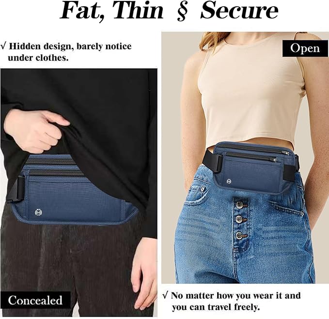 Blue Hidden Money Belt for Travel for Men, Waist Wallet Anti Theft, RFID Passport Holder For Travel Men Or Women, Money Pouch, RFID Passport Holder