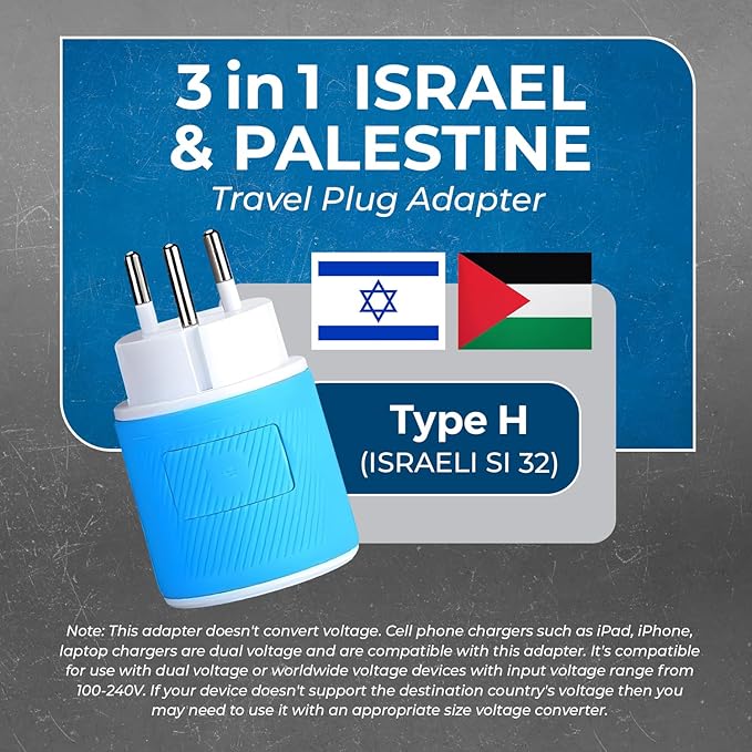 OREI 3 in 1 Israel Plug Adapter (Type H Adapter) with Dual USB for Charging – Does Not Convert Voltage - Israel Adapter Plug with Type B Input, Compatible in Palestine, Gaza Strip & Israel (U2U-14)