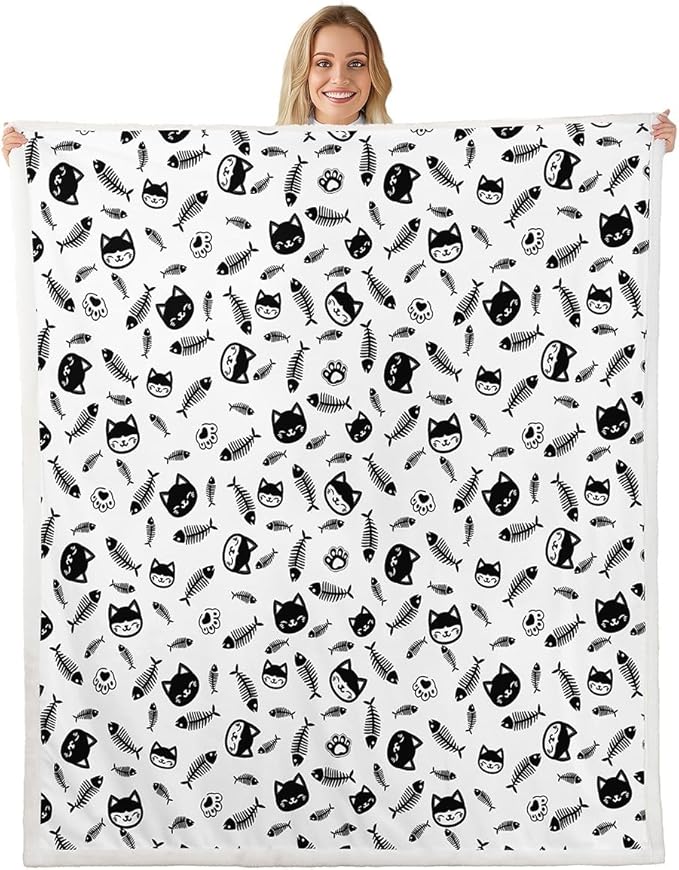 Cute Cats Kids Throw Blanket,Cartoon Cats Pets Paws Print Bed Blanket for Girls Boys Adults,Lovely Animals Kawaii Fleece Blanket,Black White Fuzzy Blanket,Throw Size (50 x 60 Inches)