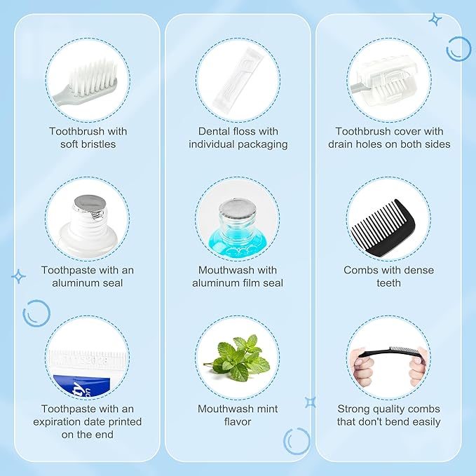 Travel Toothbrush Kit Bulk, Hygiene Kit Bulk with Toothbrush Toothpaste Set, Floss Picks, Comb, Travel Mouthwash, Toothbrush Cover, Individually Packaged, for Travel, Hotels (4-Pack)