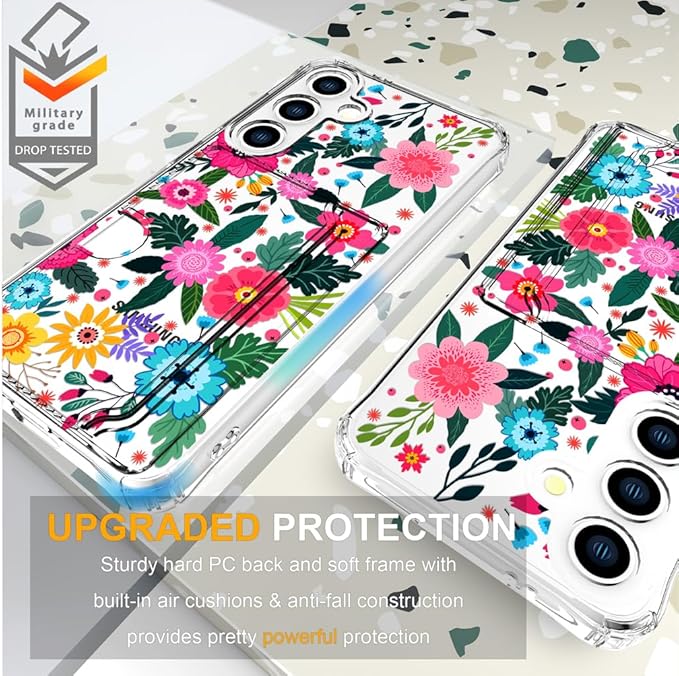 Compatible with Samsung Galaxy S24 / S25 Case Card Holder for Women Cute Design,Wallet Phone Cases Transparent Cool Kawaii Protective (Clear Floral Spring Blossom)