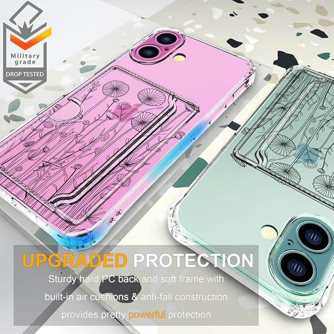 Compatible with iPhone 16 Plus Case Card Holder for Women Cute Design,Wallet Phone Cases Transparent Cool Kawaii Protective (Clear Black Flower Bouquet)