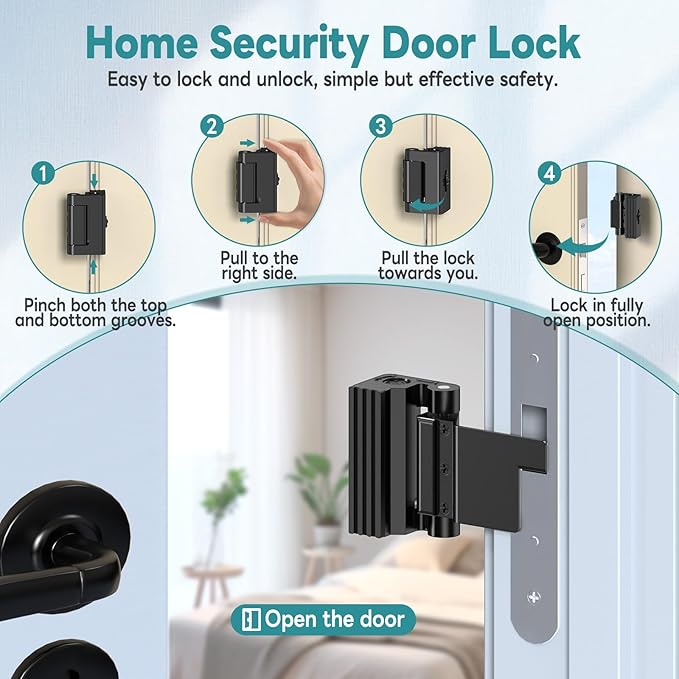 Upgraded Portable Security Door Reinforcement Lock - No Drilling Flip Lock Latch Prevents Unauthorized Entry Fits Inward-Opening Doors, Apartment, Hotel, Travel (Black-2 Pcs)