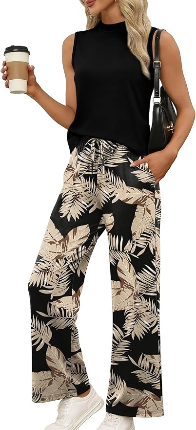 WIHOLL Two Piece Set for Women Summer Spring Outfits Cruise Travel Airport Beach Vacation Mock Neck Wide Leg Pants Set
