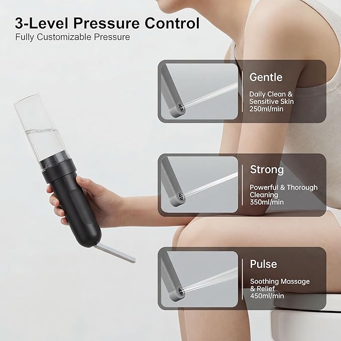 Electric Portable Bidet – Rechargeable Travel Bidet for Women Postpartum Care & Personal Hygiene | with 3 Pressure Modes for Home Travel & Camping (Black)