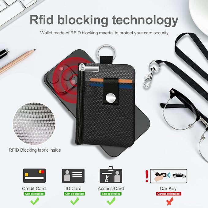 Minimalist RFID Blocking Small Wallet with ID Window,WaterResistant Zip Id Case Wallet with Lanyard Keychain for Cards,Cash,Travel,Women,Men (Black/DarkGrey)
