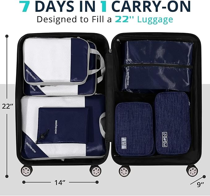 NICOSHOW 7 Set Compression Packing Cubes for Travel - Compressible, Lightweight, and Space-Saving Packing Cubes, Travel Essentials for Women, Navy