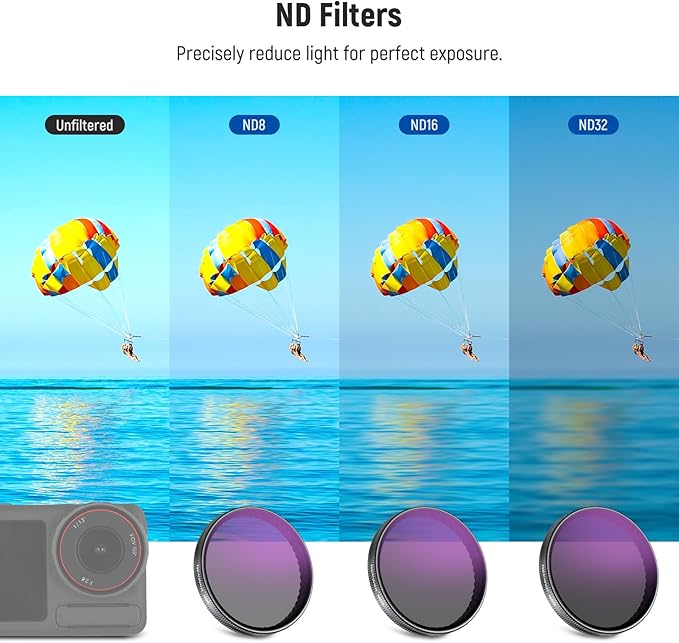 NEEWER Snap On ND Filter Set Compatible with DJI Osmo Action 5 Pro/4/3, 4 Pack ND8+ND16+ND32+CPL Action Camera Accessories Directly Mount on Original Glass Lens Cover, Not for Osmo Nano, FL-A76