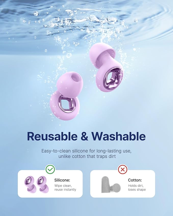 Ear Plugs for Sleeping Noise Cancelling, 45dB Reusable Earplugs for Noise Reduction, Hearing Protection Ear Plugs with 8 Ear Tips, Soft Silicone Earplugs for Sleep, Concerts, Snoring, Study (Purple)